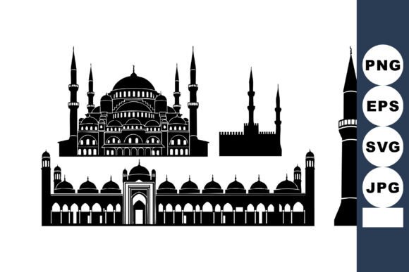 Monochrome Mosque Skyline Vectors for Graphics and Crafts